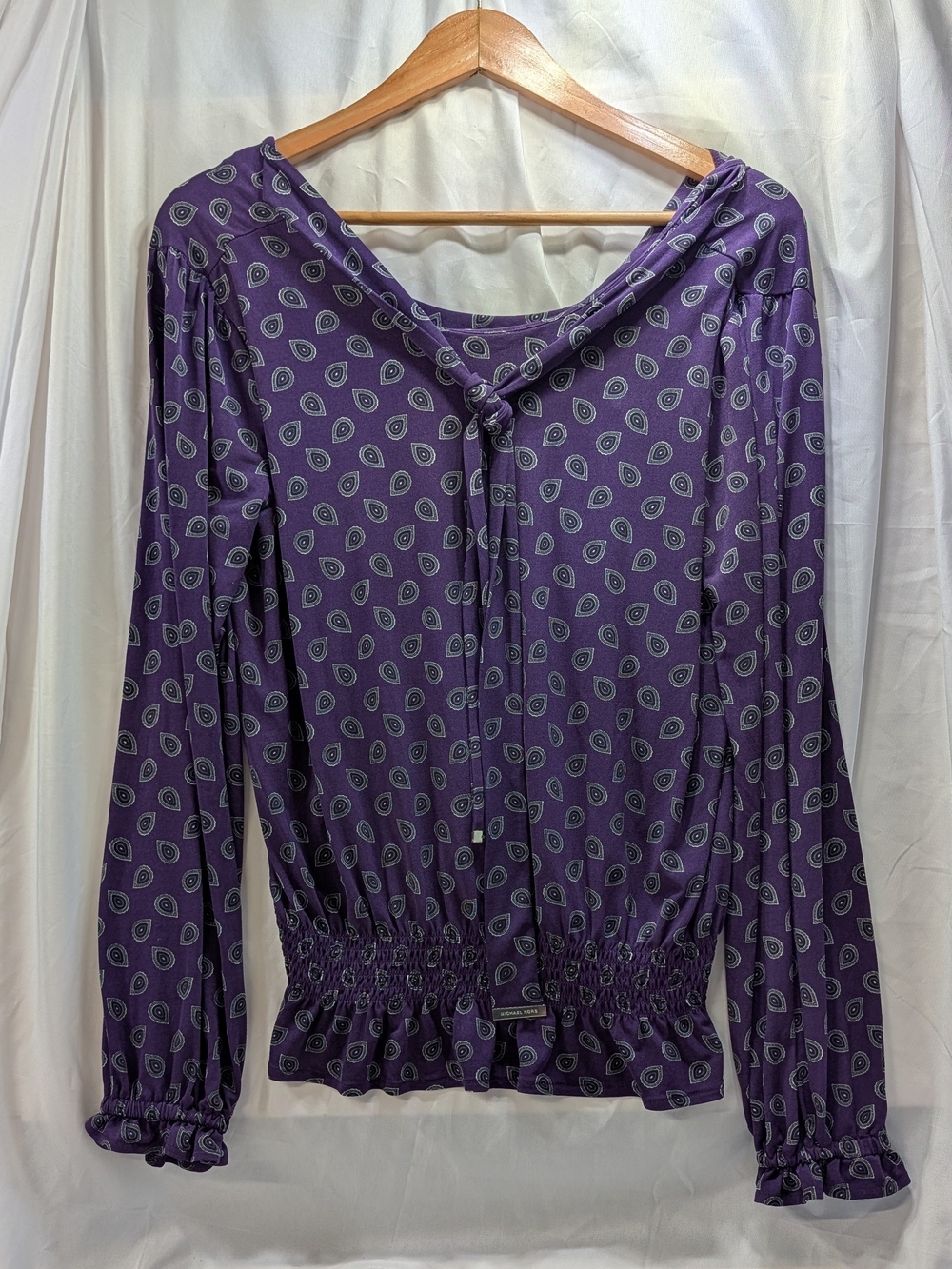 Michael Kors Purple paisley print long sleeve blouse w/ tie Front detail Size L